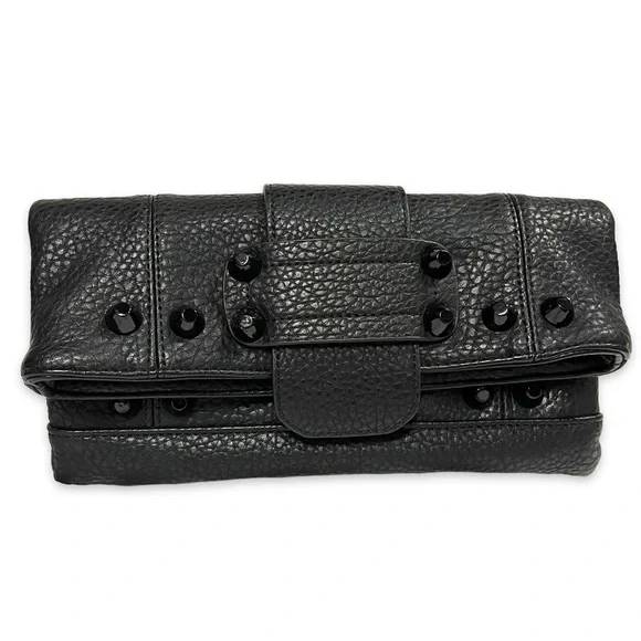 Black Leather Gunmetal Rivets Clutch Crossbody Bag NWOT - Picture 3 of 14